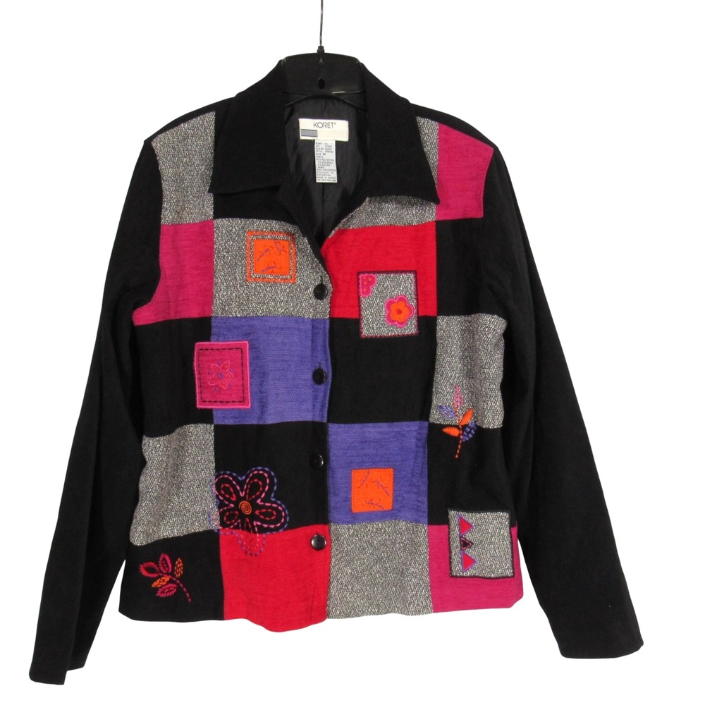 VTG KORET Black/Multi PATCHWORK GRANNYCORE WHIMSY Button-Up TWILL Jacket Sz M